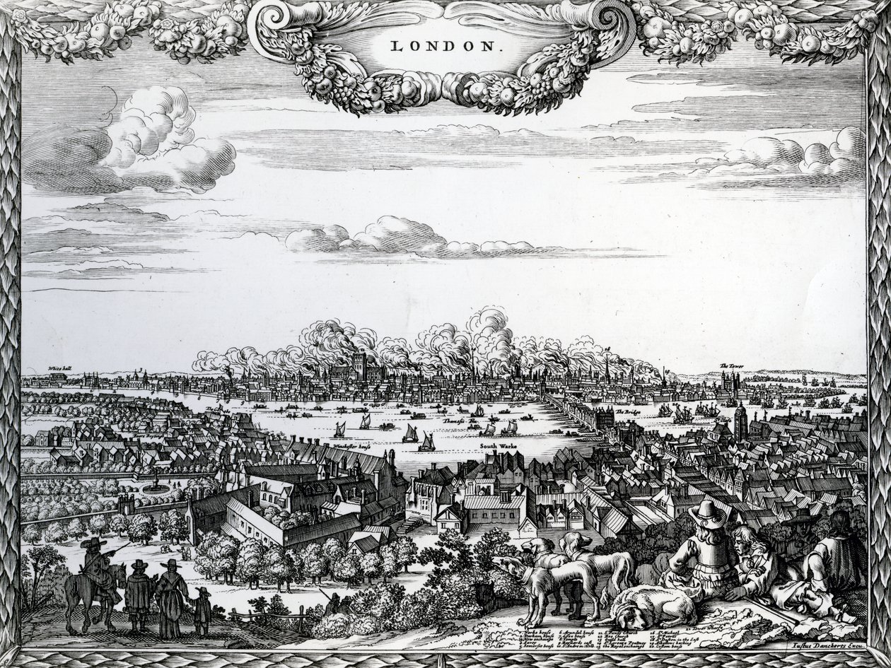 Wielki pożar Londynu, grawerowany przez Justusa Danckertsa, ok. 1670-90. autorstwa English School