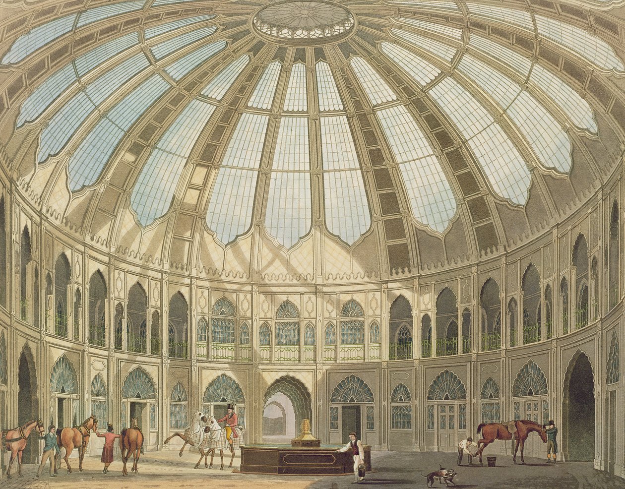 Wnętrze stajni, z Widoków pawilonu królewskiego, Brighton autorstwa Johna Nasha (1752-1835) 1826 (akwatinta) autorstwa English School