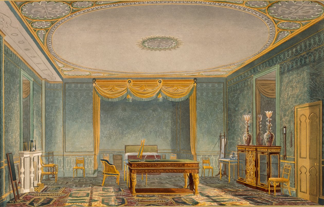 Sypialnia królów, z Widoków pawilonu królewskiego, Brighton autorstwa Johna Nasha (1752-1835) 1826 (akwatinta) autorstwa English School