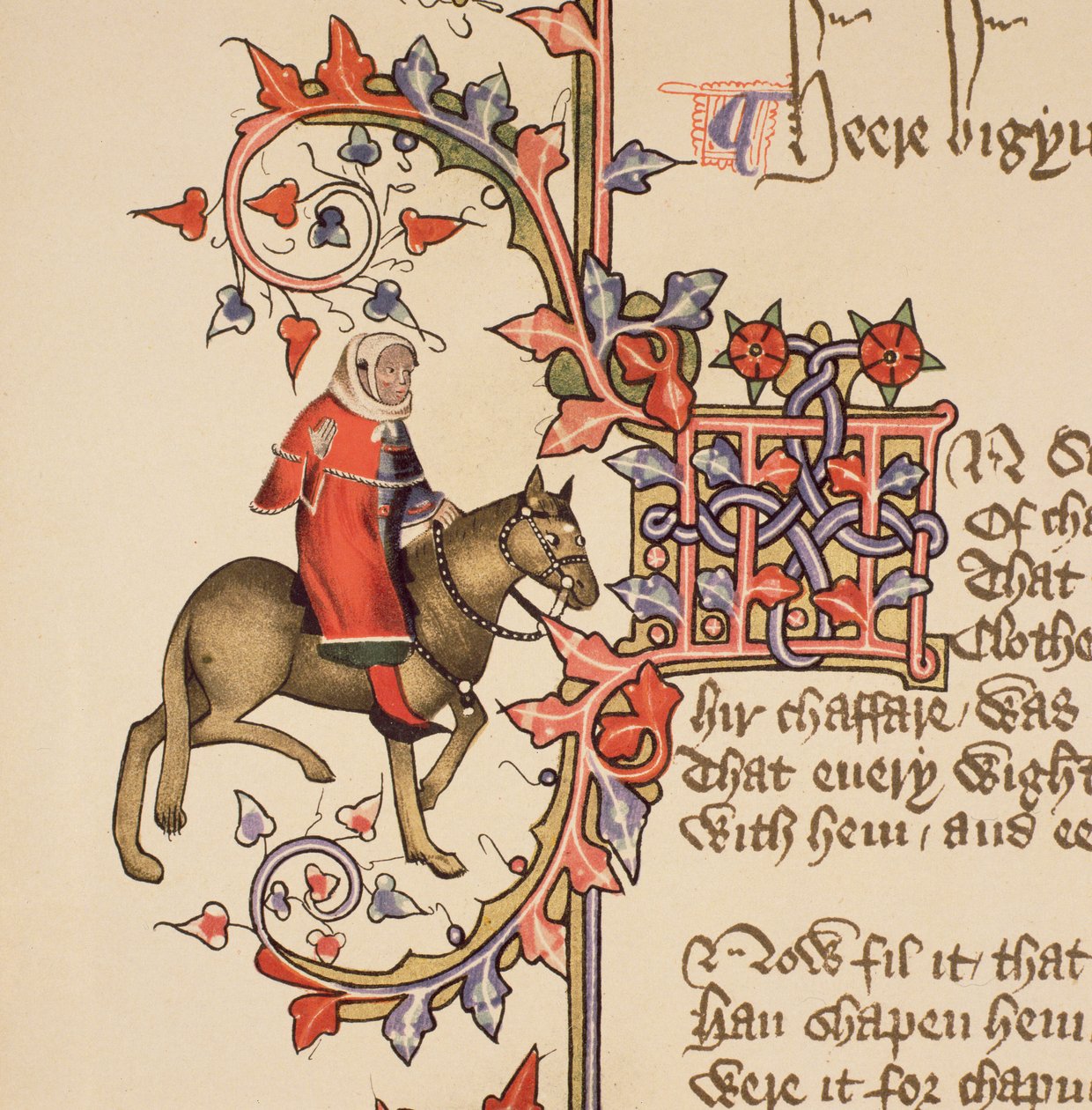The Man of Law, fragment z Opowieści kanterberyjskich, Geoffrey Chaucer (ok. 1342-1400) Rękopis Ellesmere, wydanie faksymilowe, 1911 (szczegóły oryginalne zob. 128931) autorstwa English School