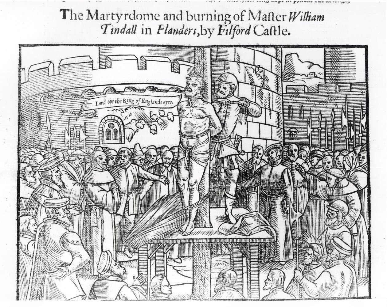 Męczeństwo i spalenie mistrza Williama Tindalla (ok. 1494-1536) we Flandrii, przy zamku Filford, z „Działań i pomników” Johna Foxe (1516–87) 1563 autorstwa English School