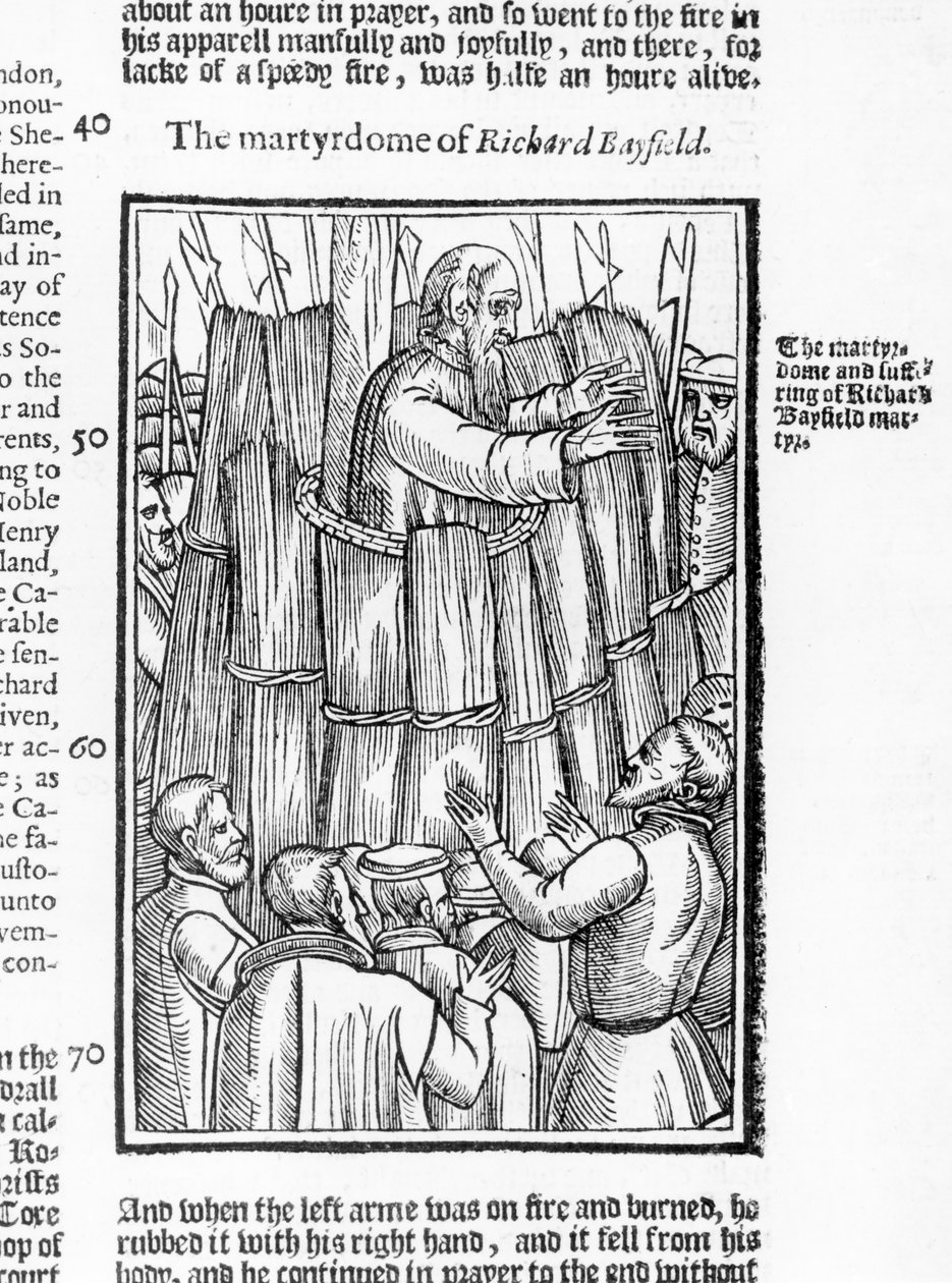 Жон Фоксын (1516-87) "Үйлс ба дурсгалууд"-аас Ричард Бэйфилд (1531 онд нас барсан) хорогдсон нь 1563 он. autorstwa English School