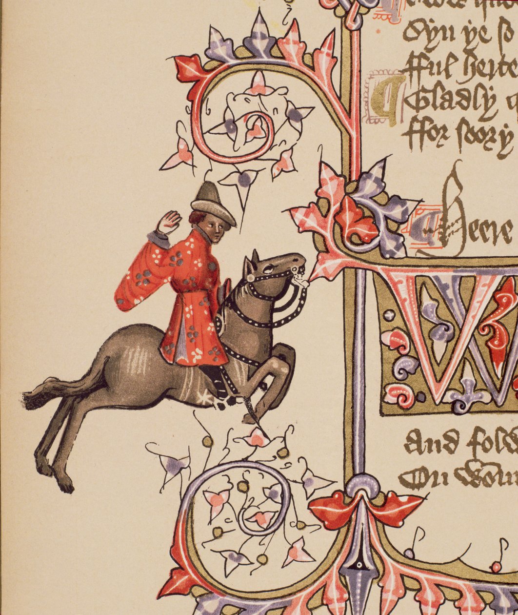 Kupiec, fragment z Opowieści kanterberyjskich, Geoffrey Chaucer (ok. 1342-1400) Rękopis Ellesmere, wydanie faksymilowe, 1911 (szczegóły oryginalne zob. 128920) autorstwa English School