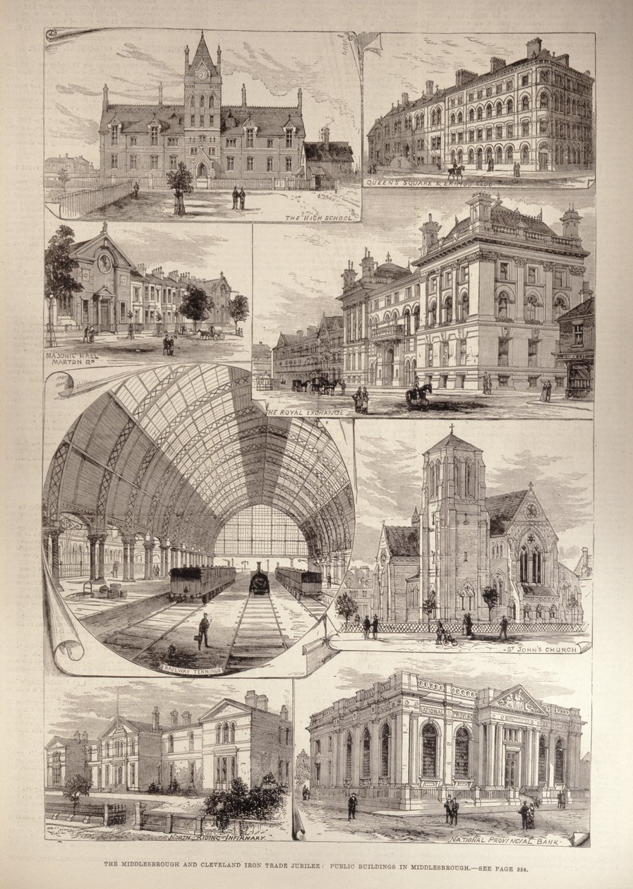 Jubileusz Middlesbrough and Cleveland Iron Trade Jubilee: Budynki publiczne w Middlesbrough, z „The Illustrated London News”, 10 sierpnia 1881 autorstwa English School