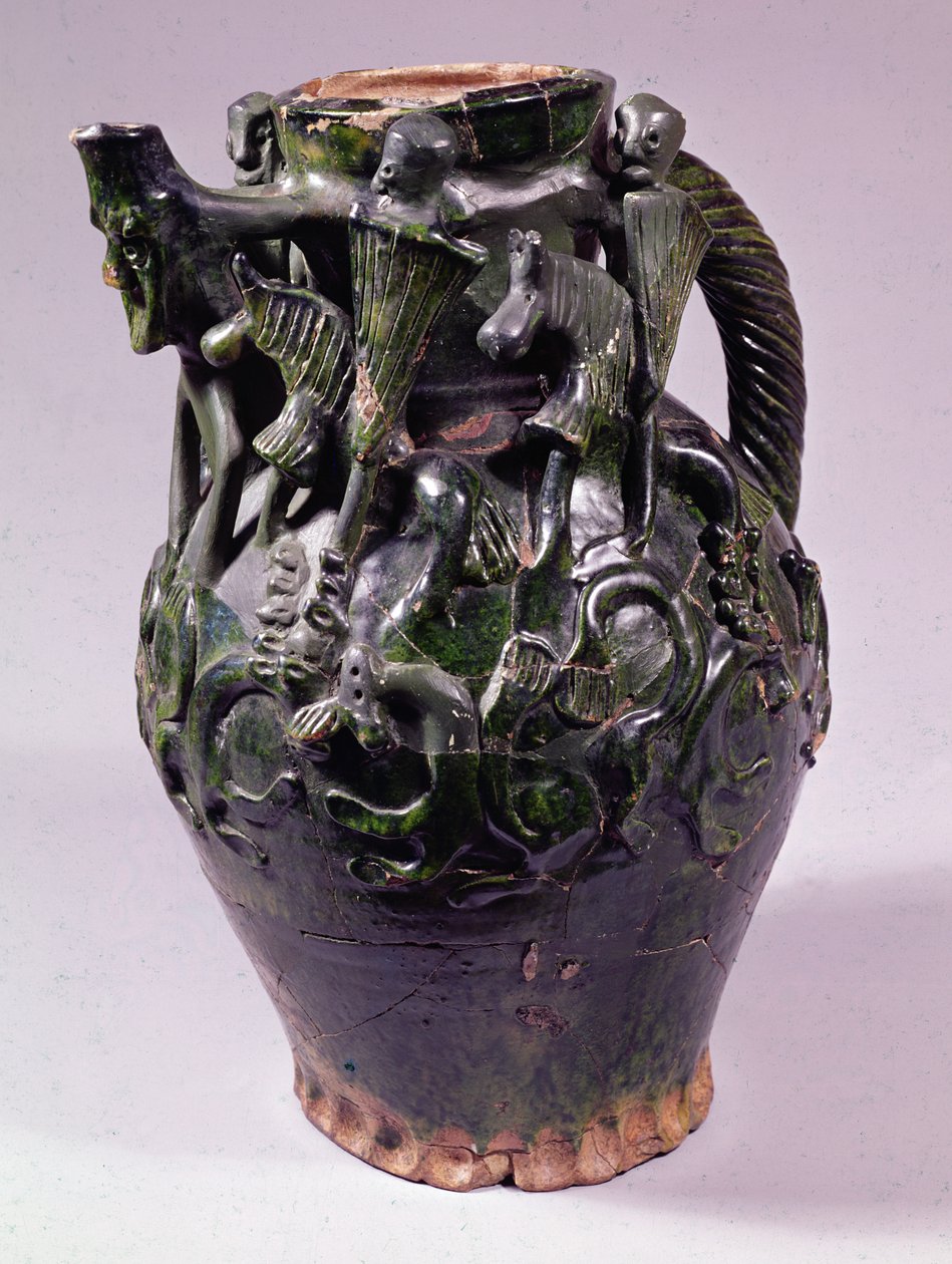 Moot Hall Jug, szkliwiony ołowiem, prawdopodobnie z Nottingham lub Lincoln, ok. 1270 (ceramika) autorstwa English School