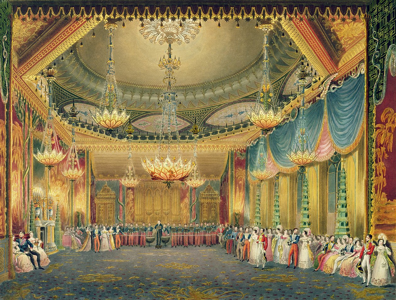 Sala muzyczna, z Widoków pawilonu królewskiego, Brighton autorstwa Johna Nasha (1752-1835) 1826 (akwatinta) autorstwa English School