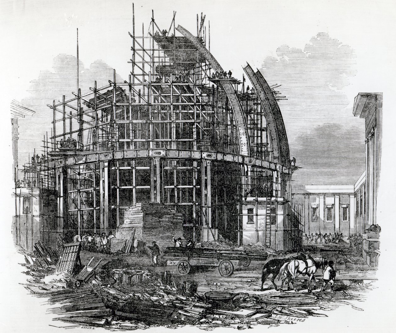 Nowa czytelnia w British Museum, w trakcie budowy, rycina C.W.Sheeres, opublikowana w „The Illustrated London News”, 14 kwietnia 1855 autorstwa English School