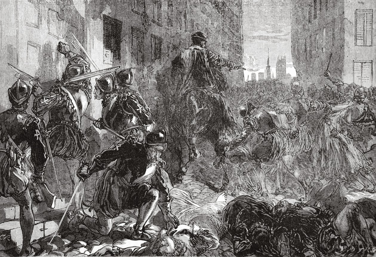 Noc rzezi św. Bartłomieja, ilustracja z Historii protestantyzmu Jamesa Aitkena Wyliego (1808-1890), wyd. 1878 autorstwa English School