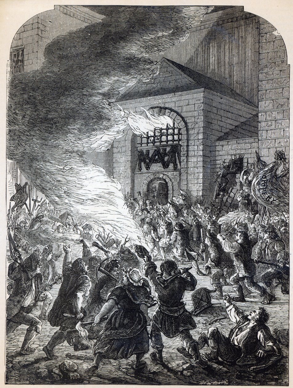 Buntownicy pod hasłem „Bez papiestwa” spalili więzienie Newgate w 1780 r. autorstwa English School
