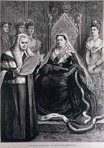 Otwarcie parlamentu: czytanie przemówienia królowej, grawerowane przez R. Taylora, z The Illustrated London News, 30 stycznia 1886 autorstwa English School