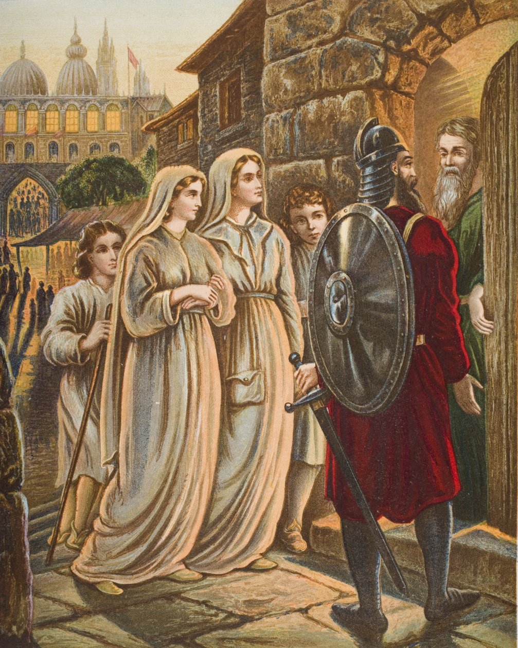 Pielgrzymi w domu Mansona, ilustracja z „Wędrówki pielgrzyma” Johna Bunyana (1628-88) autorstwa English School