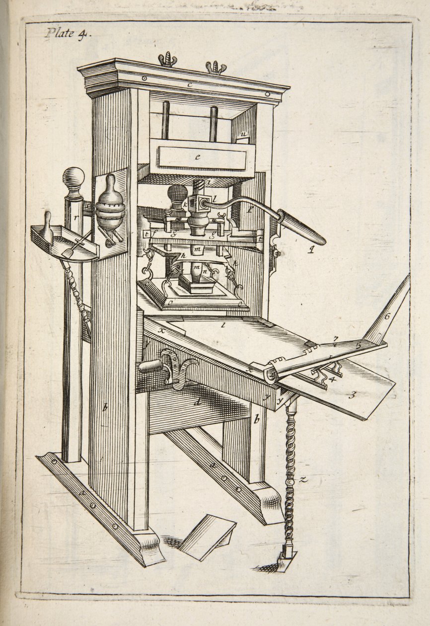The Printing Press, z Mechanick Exercises: or The Doctrine of Handy-Works w zastosowaniu do Art of Printing, wyd. 1683 autorstwa English School