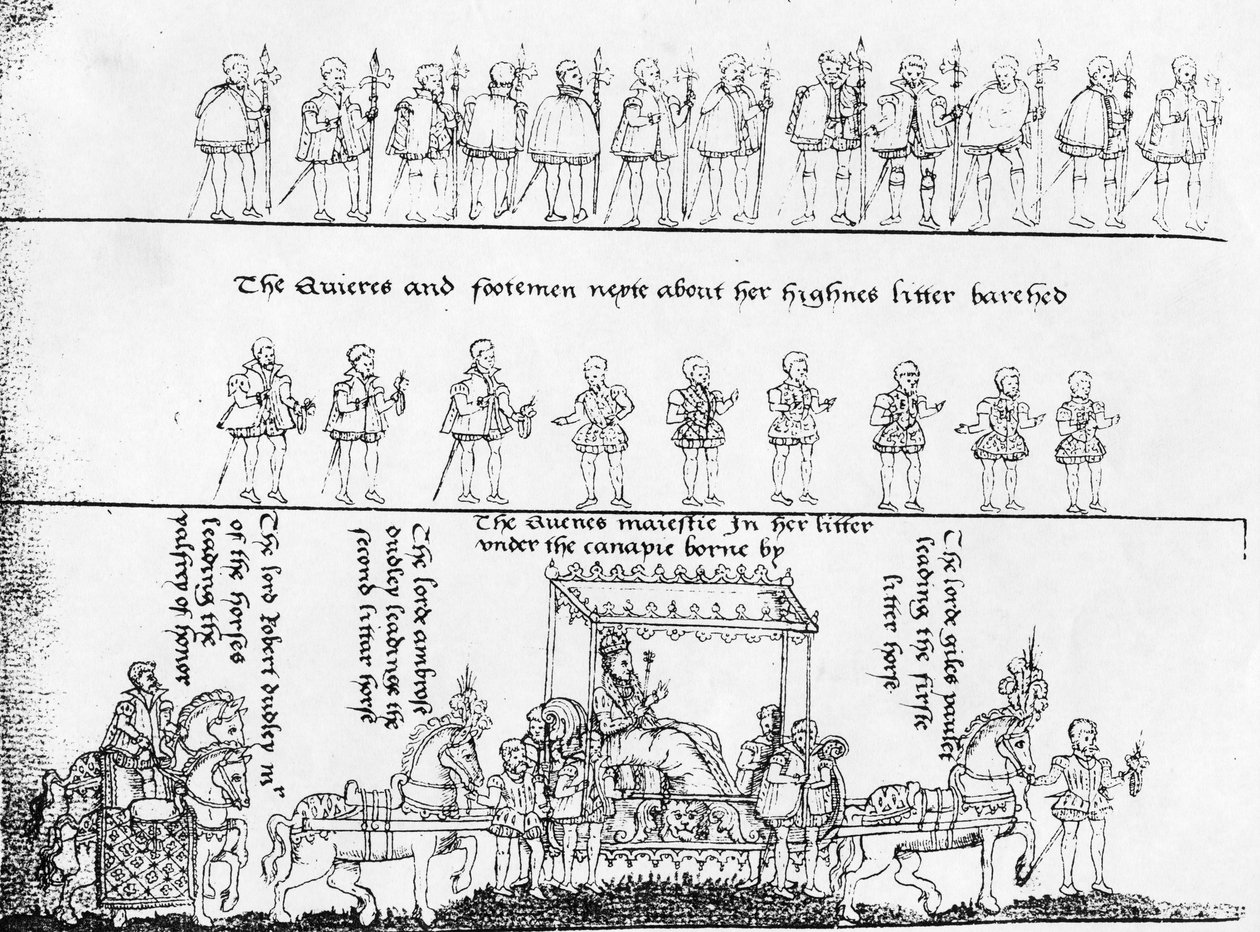 Królowa w swoim miocie, z „Postępów królowej Elżbiety 1” 1788, autorstwa Johna Nicholsa autorstwa English School