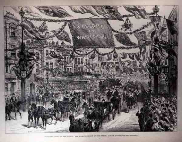 Wizyta królowej we wschodnim Londynie: The Royal Procession na High Street, Aldgate, Passing the City Boundary, z The Illustrated London News, 21 maja 1887 autorstwa English School