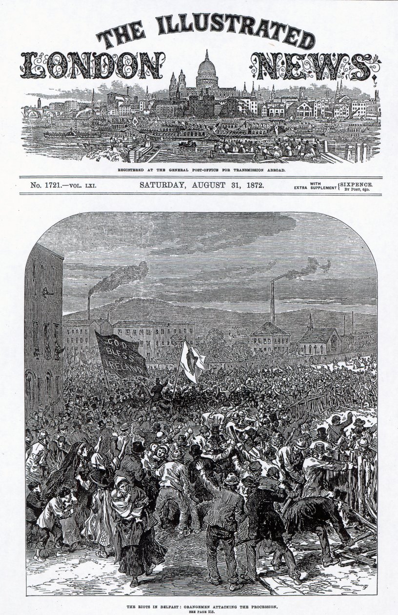 Zamieszki w Belfaście: Pomarańczowie atakujący procesję, okładka „The Illustrated London News”, 31 sierpnia 1872 autorstwa English School