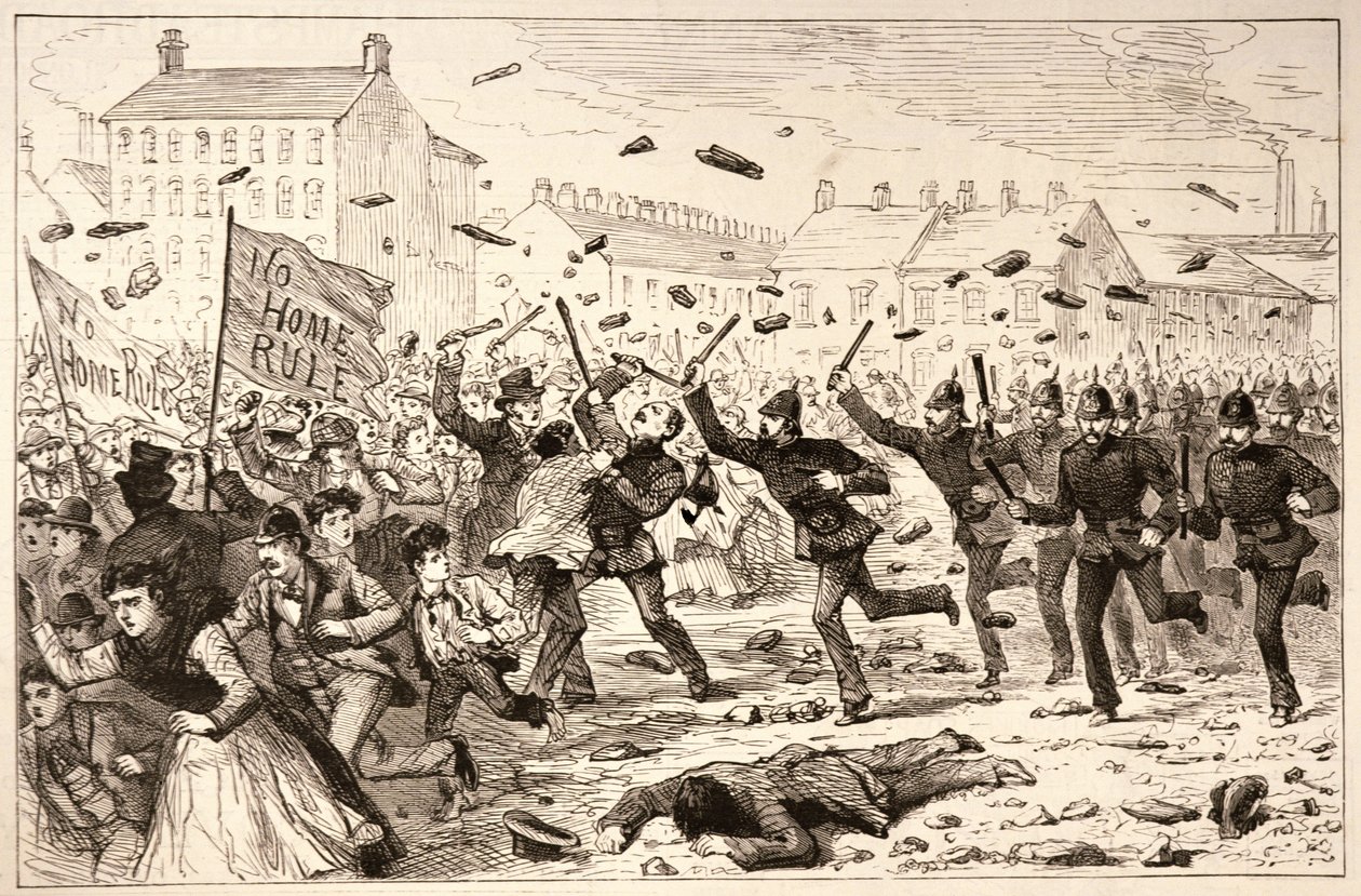 Zamieszki w Belfaście: Policja szarżująca na tłum w Brickfields, z „Ilustrowanego Londynu News”, 19 czerwca 1886 autorstwa English School