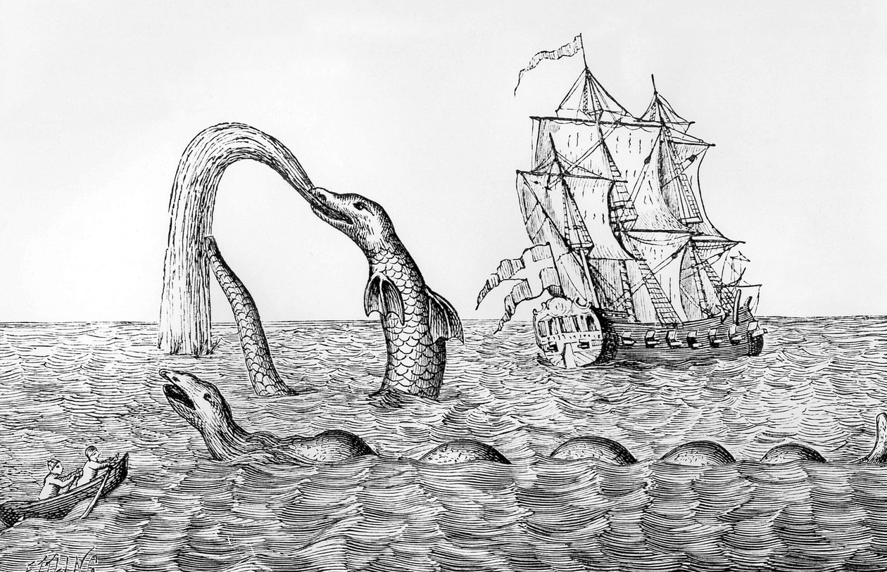 Wąż morski, faksymile ryciny Pontoppidana, ilustracja z „Potworów morza” Johna Gibsona, 1887 autorstwa English School