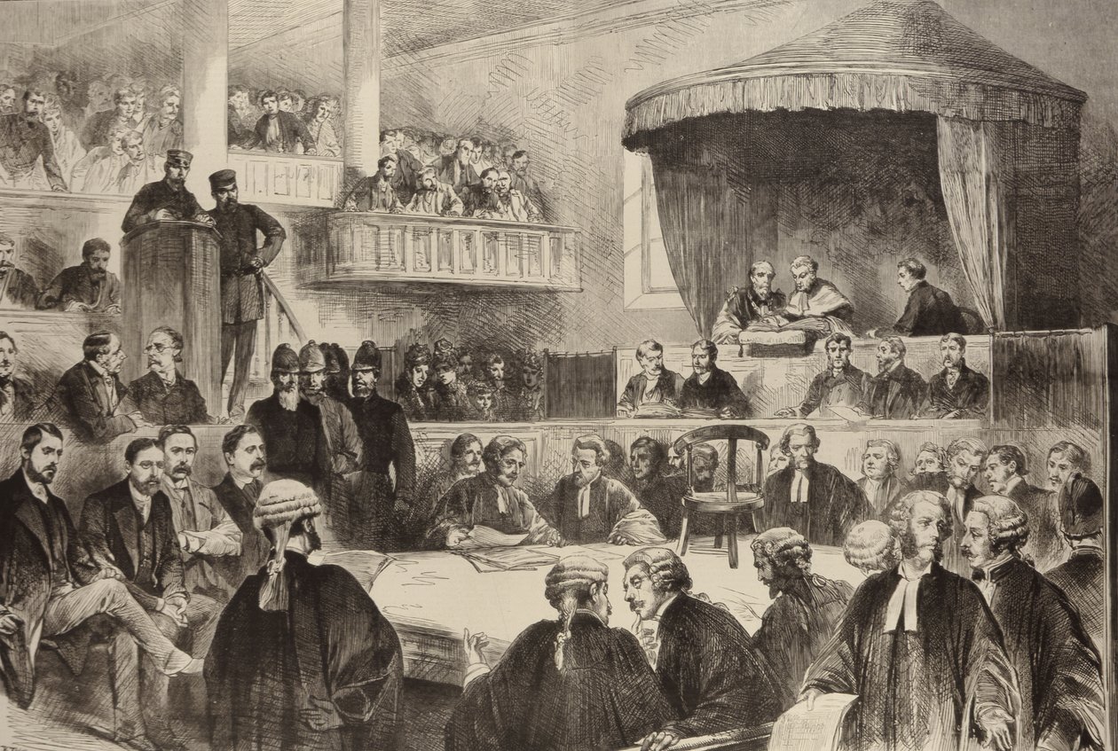 Prokuratury państwowe w Irlandii: Scena w Green Street Court House, Dublin, z The Illustrated London News, 26 lutego 1887 autorstwa English School