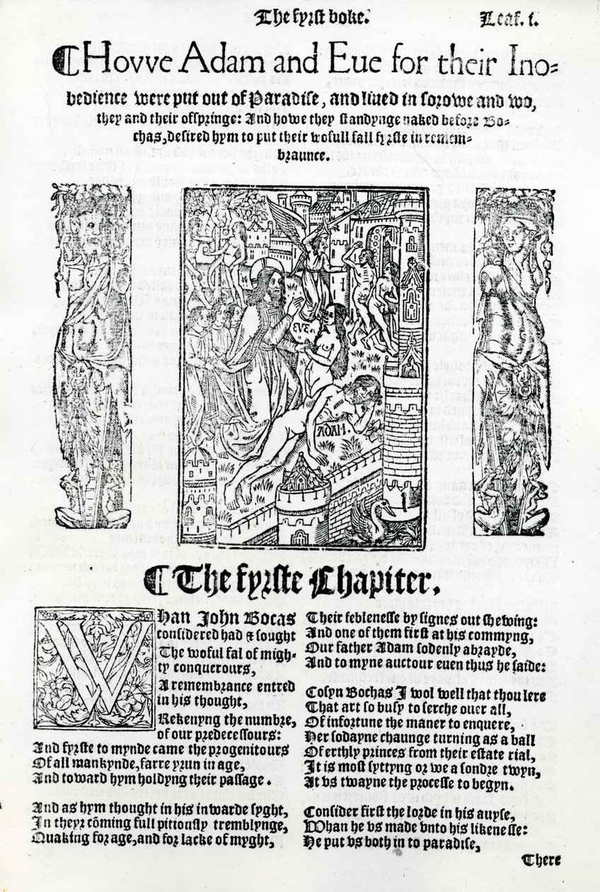 Opowieść o Adamie i Ewie z dzieła Boccaccia "De Casibus Virorum Illustrium", wydanie angielskie opublikowane w 1527 r. autorstwa English School