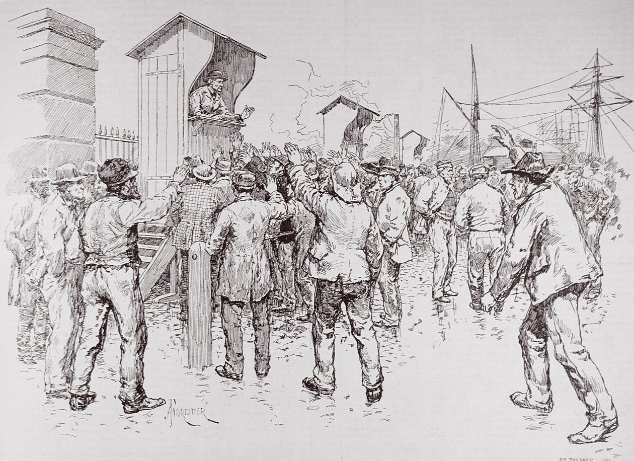 Bezrobotni z Londynu: Angażowanie robotników portowych w West India Docks, z „The Illustrated London News”, 20 lutego 1886 autorstwa English School