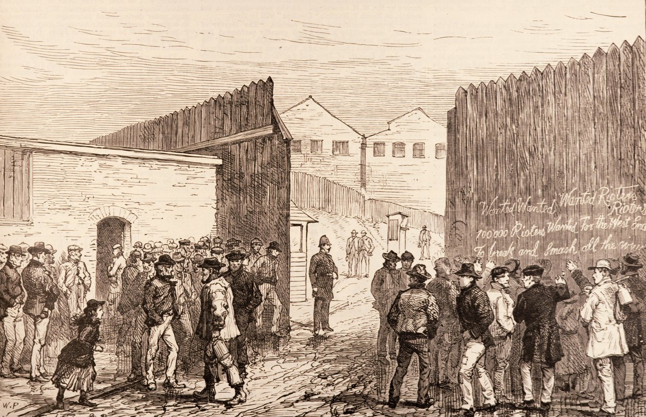 Bezrobotni z Londynu: Inskrypcja na bramach, West India Docks, z „The Illustrated London News”, 20 lutego 1886 autorstwa English School