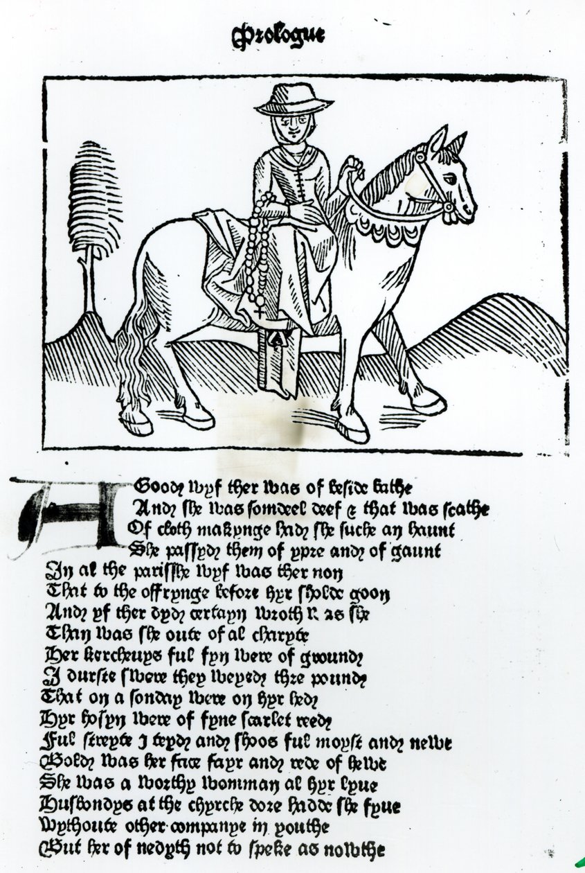 Żona Bath, ilustracja z „Canterbury Tales” Geoffreya Chaucera (ok. 1345-1400), wydrukowana przez Williama Caxtona (ok. 1422-91) autorstwa English School