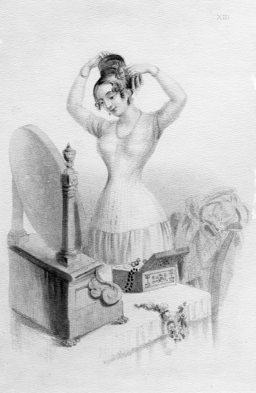 Korzyści płynące z gorsetów pani Nicholas Geary, z książki „Kobiece piękno, zachowane i ulepszone przez reżim, czystość i ubiór” pani A. Walker, 1837 autorstwa English School