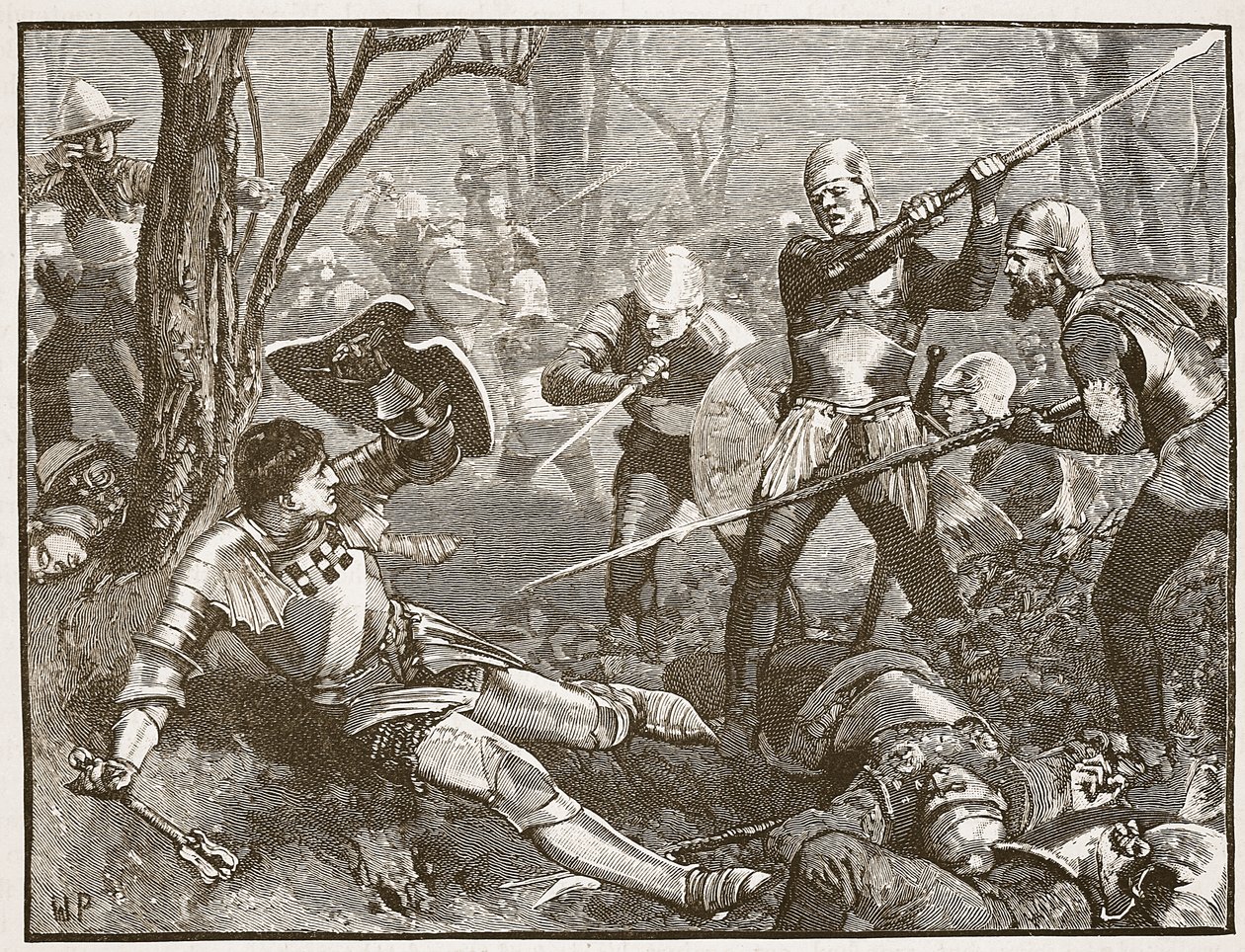 Śmierć twórcy króla w bitwie pod Barnet, ok. 1880, ilustracja z Cassells Illustrated History of England (zdjęcie w sepii) autorstwa English School