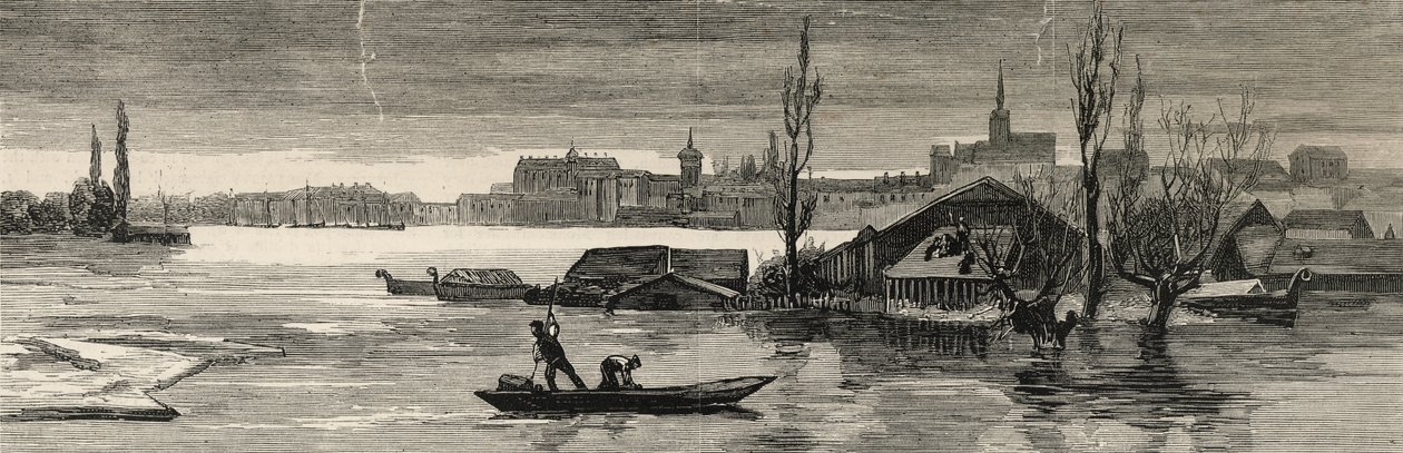 Katastrofalne powodzie w Austro-Węgrzech: Widok Raab ostatnio zalany przez Dunaj, z „Grafiki”, 20 stycznia 1883 autorstwa English School