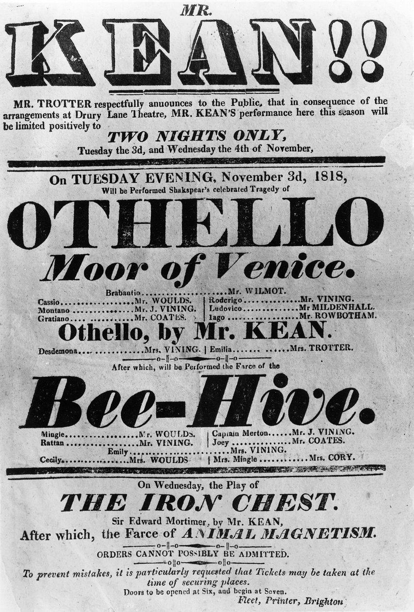 Teatr Bill reklamowe występy pana Keana, 1818 (papier drukowany) autorstwa English School