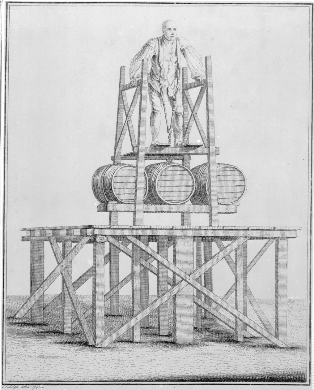 Thomas Topham Strongman podnoszący beczki z wodą o wadze 1836 funtów, 1741 autorstwa English School