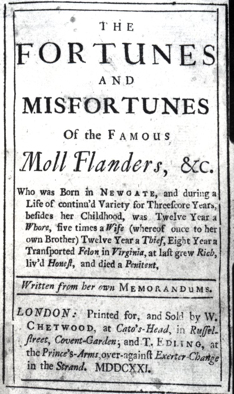 Strona tytułowa „Moll Flanders” Daniela Defoe, opublikowana w 1722 r. (papier drukowany) autorstwa English School