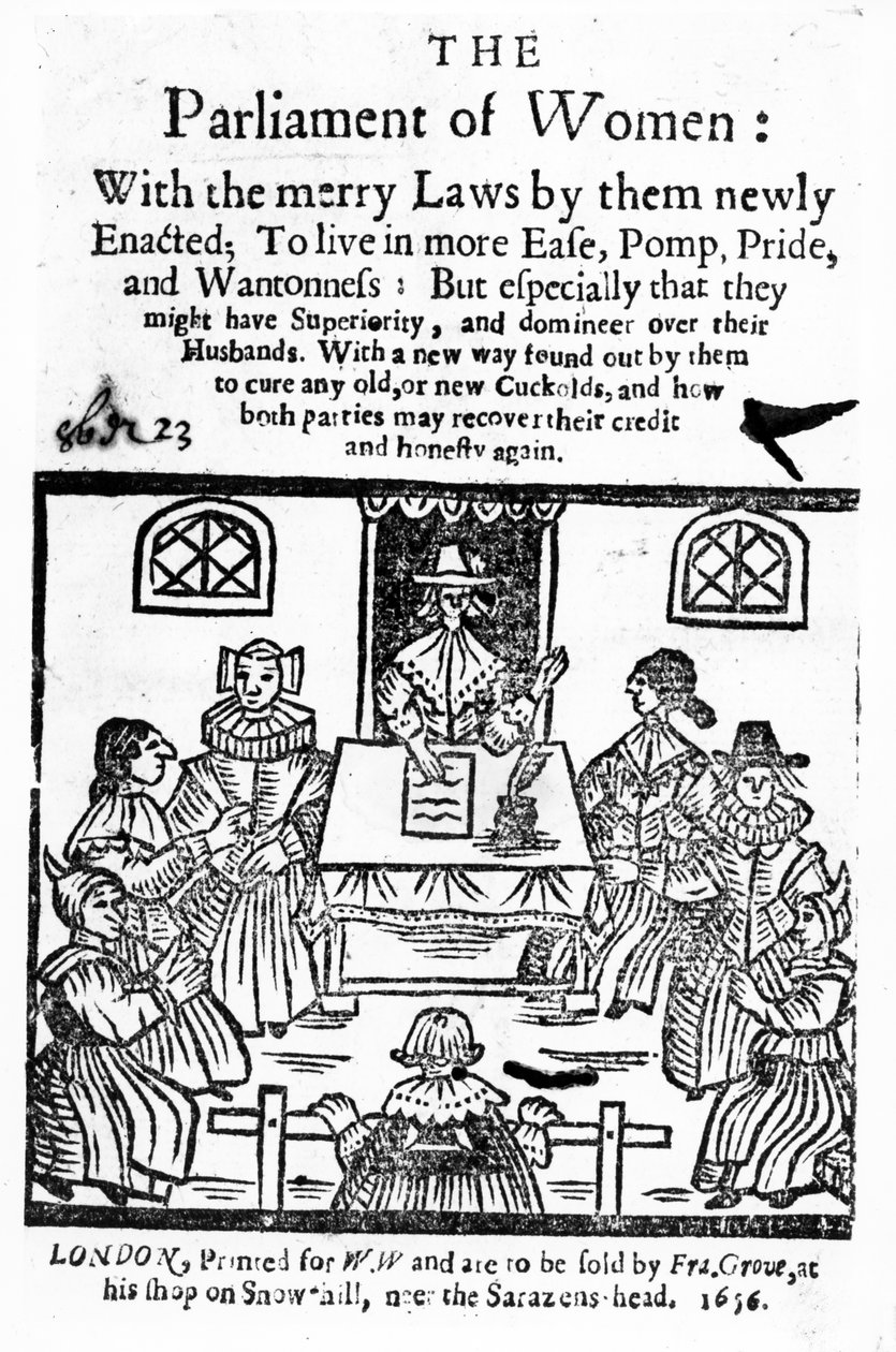 Strona tytułowa „Parlamentu Kobiet”, 1656 (drzeworyt i typografia) autorstwa English School
