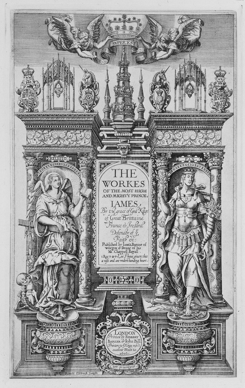 Strona tytułowa Dzieł Jakuba I, rytowana przez Renolda Elstracka (1571-c.1630) 1616 autorstwa English School
