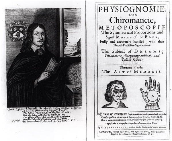 Strona tytułowa książki Physiognomie and Chiromancie: Sztuka pamięci autorstwa Richarda Sandersa, z portretem autora, wydana w 1653 r. autorstwa English School