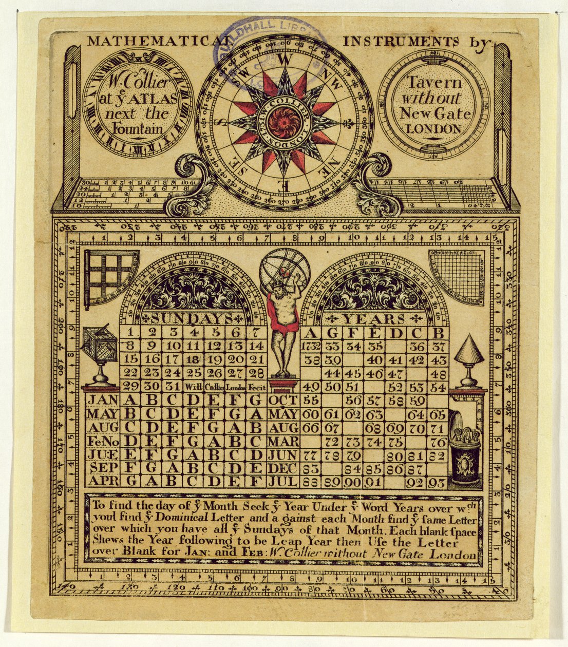 Karta handlowa W. Colliera, producenta instrumentów matematycznych, 1731 autorstwa English School