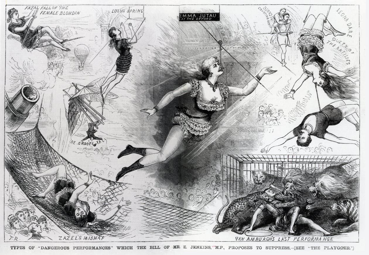 Rodzaje „Niebezpiecznych występów”, które projekt pana E. Jenkinsa, M.P. proponuje usunąć ilustrację z „The Penny Illustrated Paper”, 12 marca 1880 r. autorstwa English School