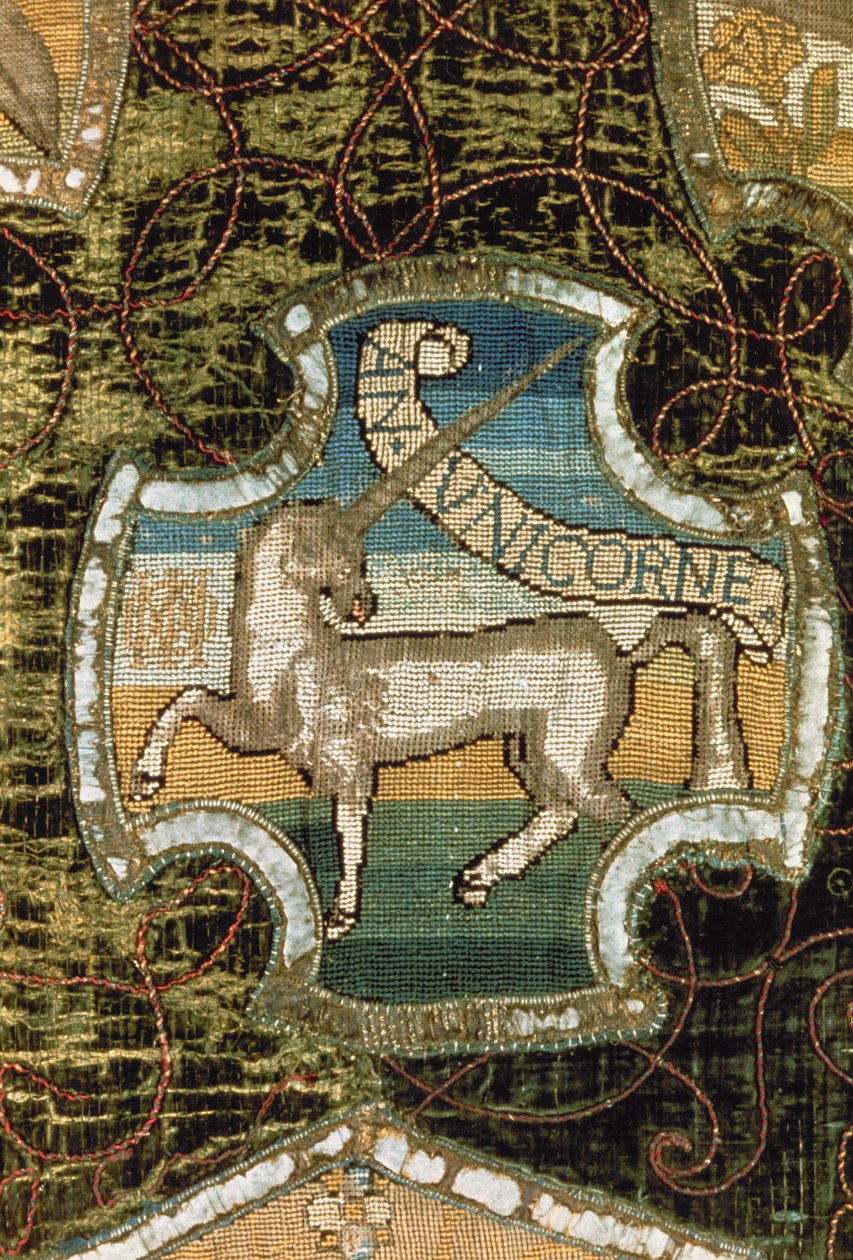 Jednorożec, z powieszenia w Oxburgh, wykonany przez Marię królową Szkotów (1542-87) i Elżbietę Talbot (1520-1608) hrabinę Shrewsbury, ok. 1570 (płótno lniane haftowane złotem, srebrem i jedwabiem w namiocie św. autorstwa English School
