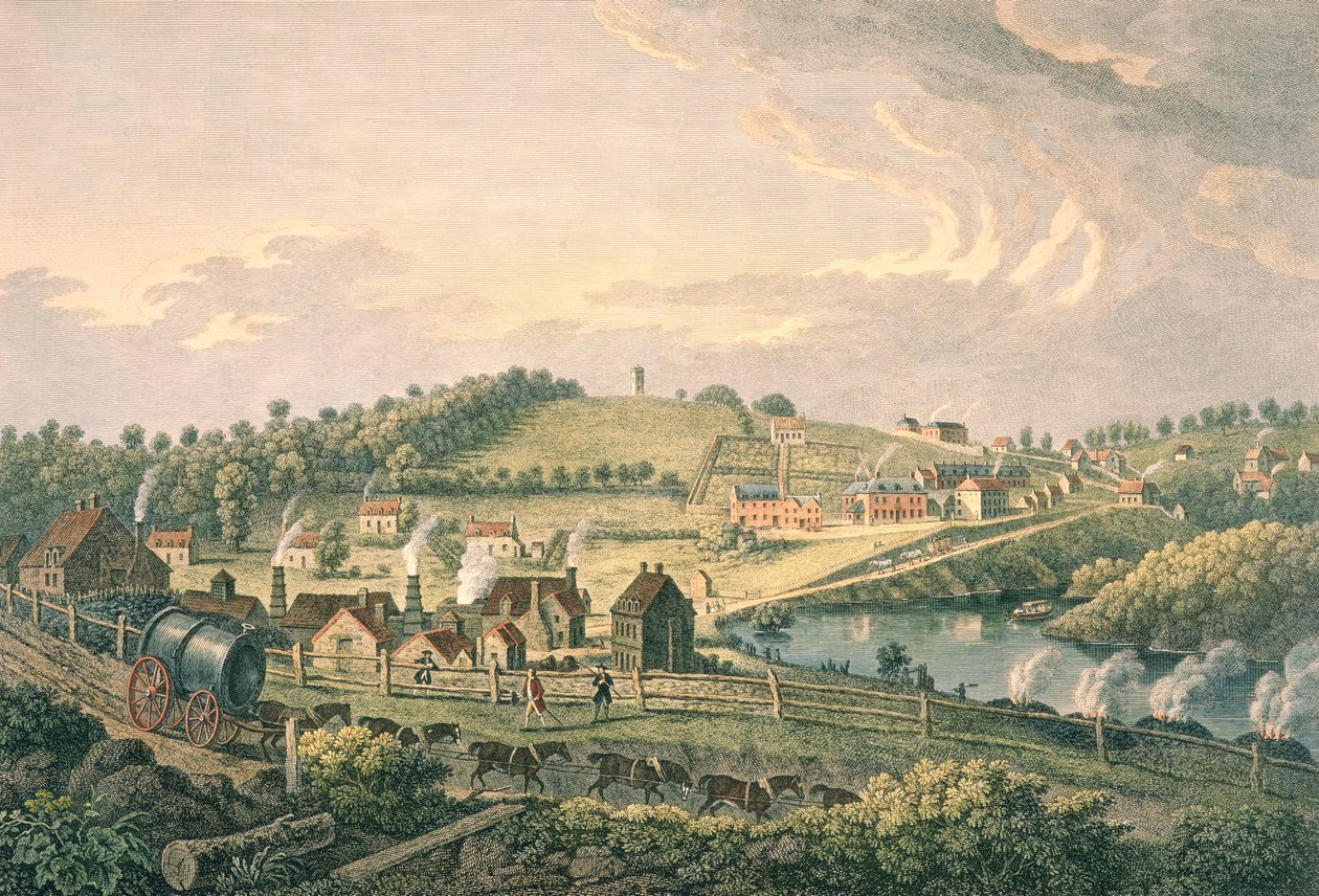 Upper Works w Coalbrookdale, Shropshire, grawerowane przez F. Vivares, opublikowane w 1758 autorstwa English School