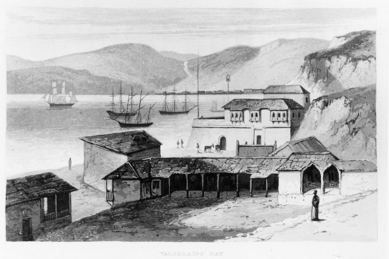 Zatoka Valparaiso w ok. 1820 r., z książki „Podróże po Ameryce Południowej” Alexandra Caldcleugh, opublikowanej w 1825 r. autorstwa English School