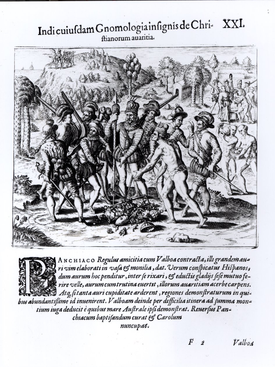 Vasco Nunez de Balboa (1475-1519) demonstruje chciwość chrześcijan autorstwa English School