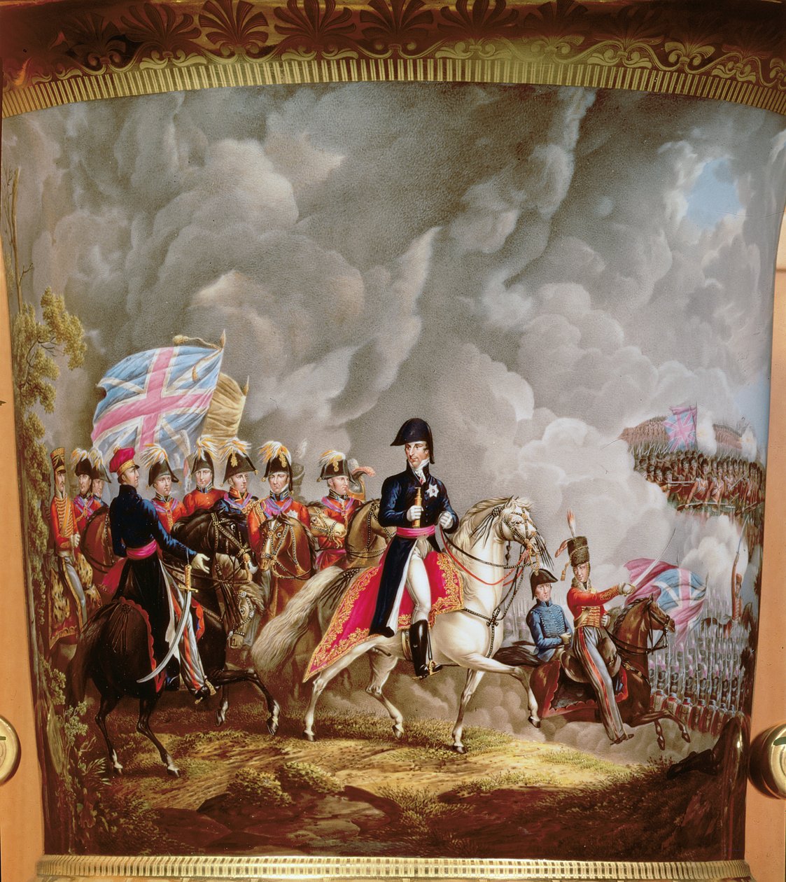 Wazon z przedstawieniem Wellingtona i jego oficerów w bitwie pod Waterloo w 1815 roku (ceramika) autorstwa English School