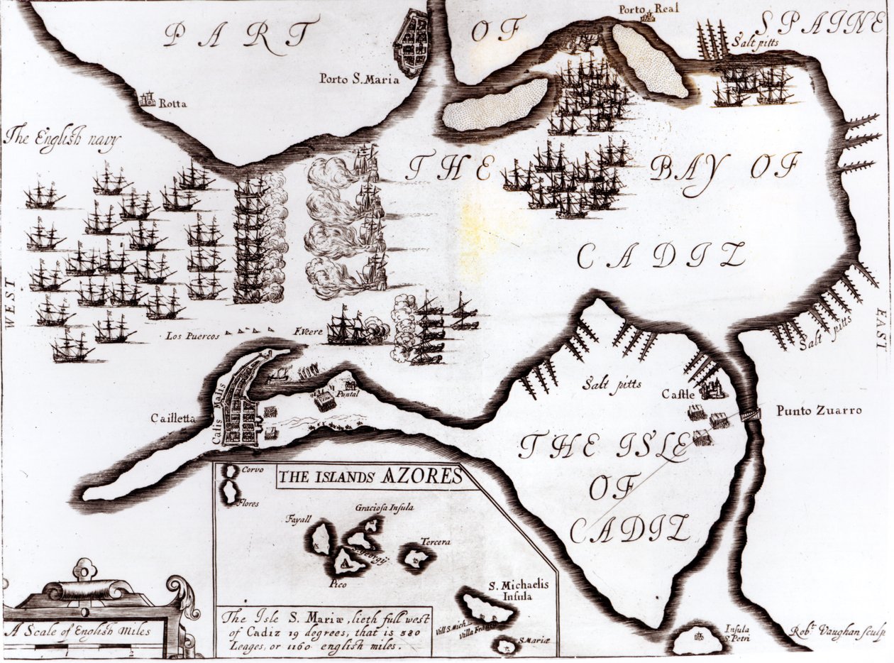 Zwycięstwo angielskiej marynarki wojennej w Zatoce Kadyksu, grawerowane przez Roberta Vaughana (fl.1622-78) autorstwa English School
