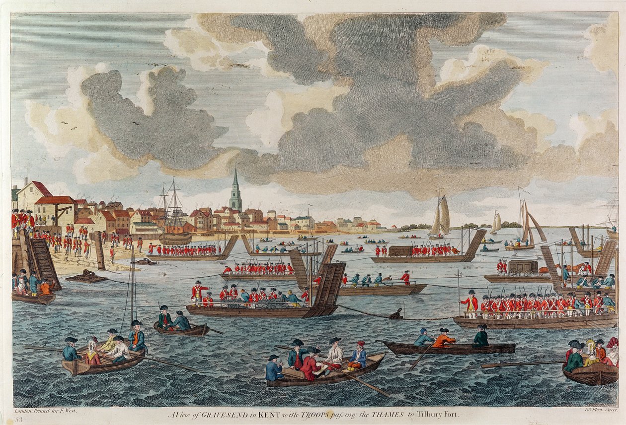 Widok na Gravesend z wojskami przekraczającymi Tamizę do Tilbury Fort autorstwa English School