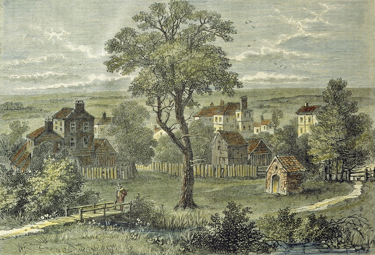 Widok Marylebone od strony obecnej ulicy Wigmore (kolorowy grawerunek) autorstwa English School