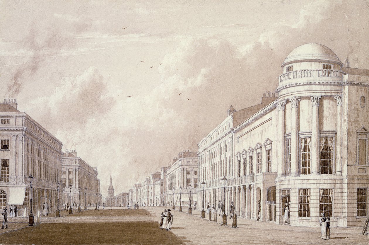 Widok Regent Street, 1825 (pranie ołówkiem tuszem na papierze) autorstwa English School