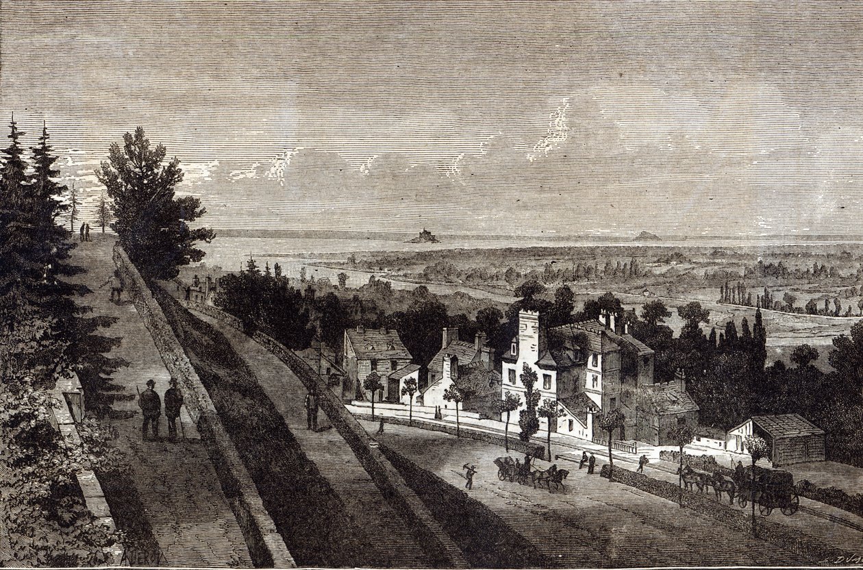 Widok na zatokę Mount St. Michael, z Avranches w Normandii, z The Graphic, 1877 autorstwa English School