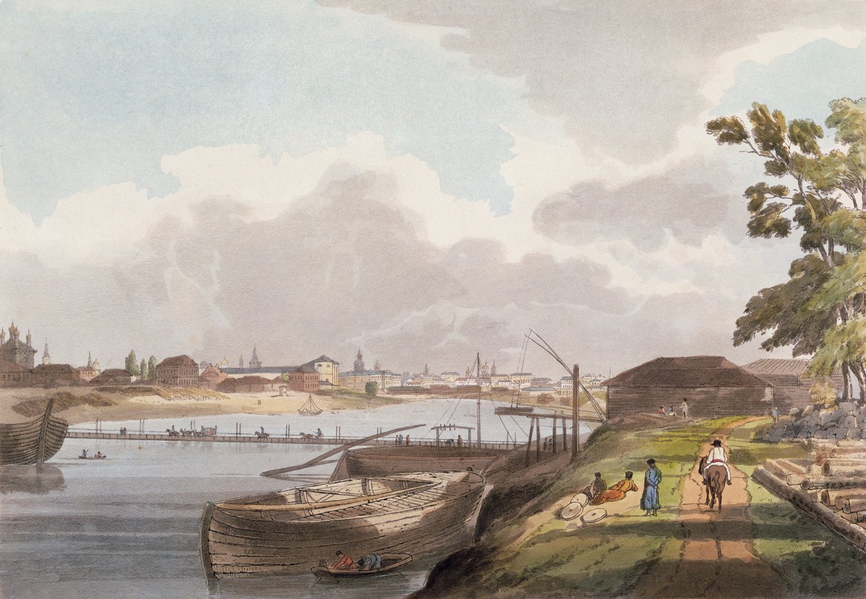 Widok na miasto Moskwę od strony brzegów Moskwy iw pobliżu Klasztoru Uzdrowisk na Novoi, tablica 2 ze Szkicu Historycznego Moskwy, wyd. Rudolph Ackermann (1764-1834) 1813 (akwatinta) autorstwa English School
