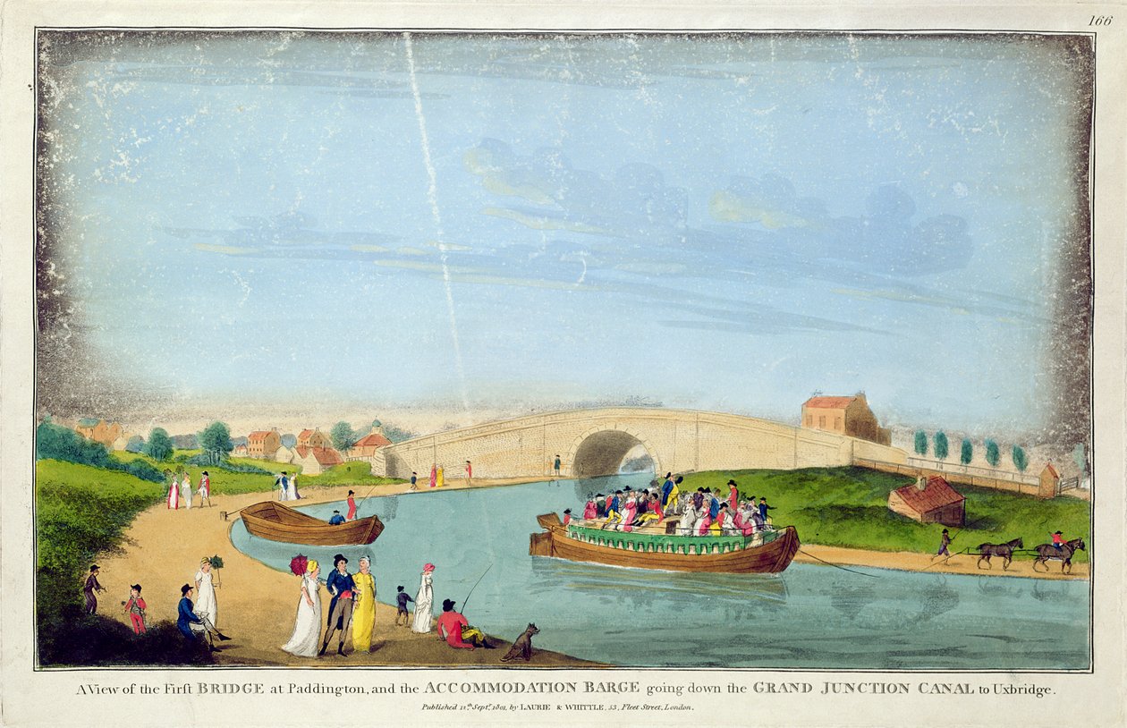 Widok na pierwszy most, Paddington i barkę noclegową spływającą kanałem Grand Junction do Uxbridge, 1801 autorstwa English School