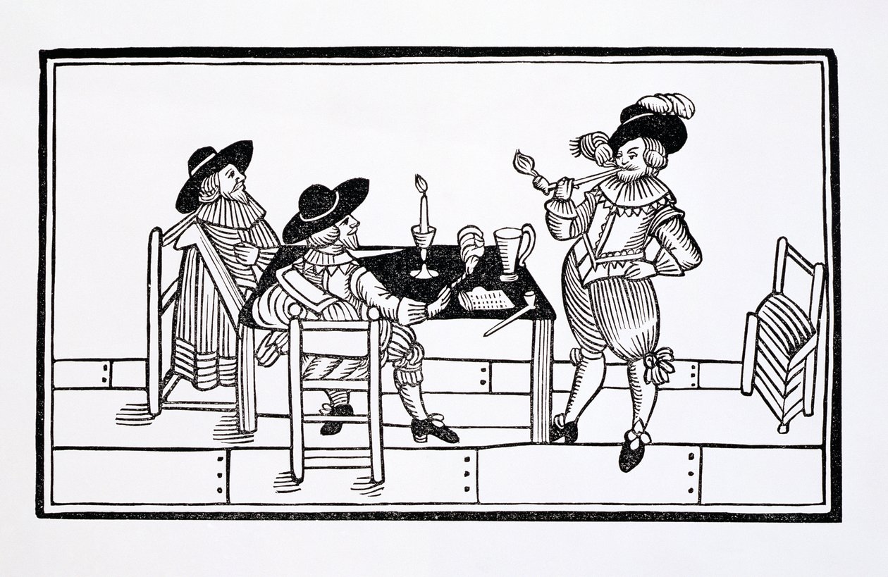 Winiarze w piwiarni Tudorów, z gazety „Zdrowie do wszystkich”, 1642 autorstwa English School